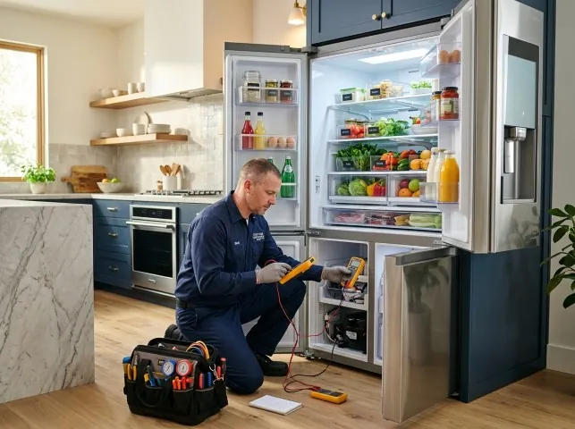 Appliance Repair Hero refrigerator technician testing a fridge on a Bellevue, OH service call