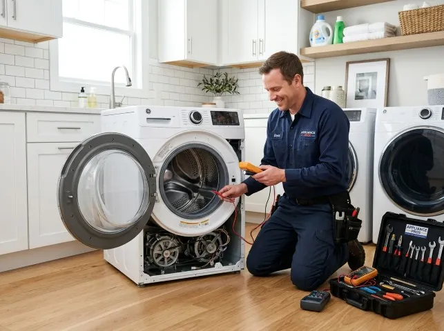 Appliance Repair Hero technician testing a front-load washer with a multimeter on a Bellevue, OH service call